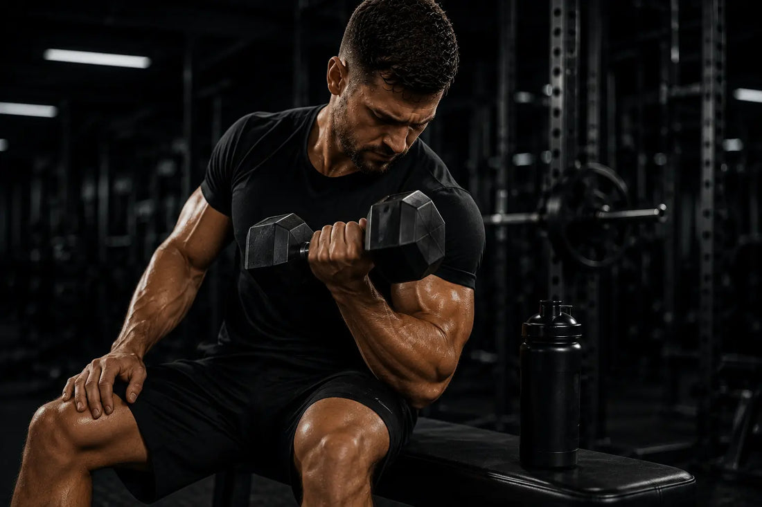 Athlete performing bicep curls in gym — eccentric loading causes DOMS muscle soreness